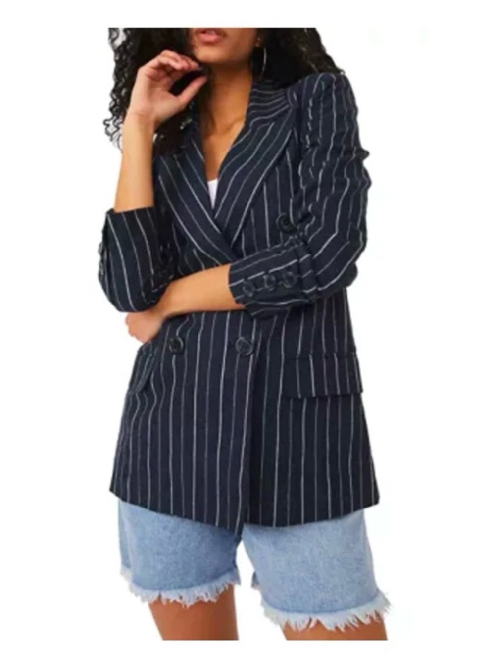 NWT Free People Ashby Double Breasted Blazer Sz Large Navy Blue White Stripe